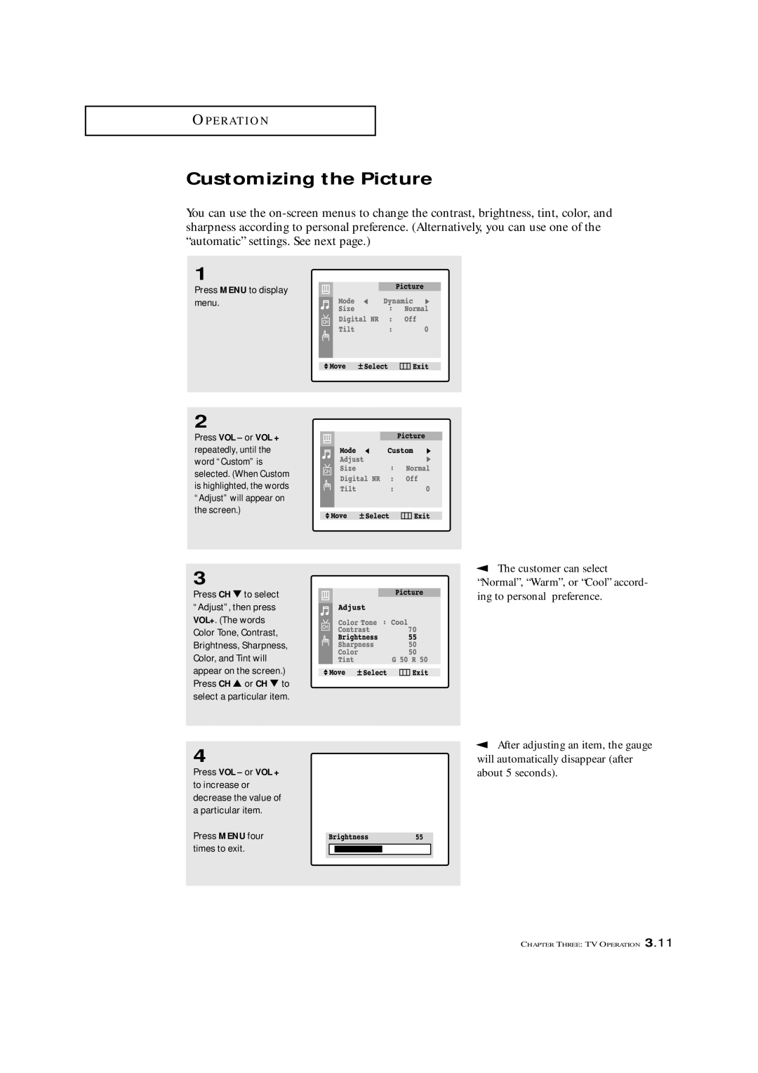 Samsung TXL 2767, TXM 2792F manual Customizing the Picture, Press Menu to display menu 