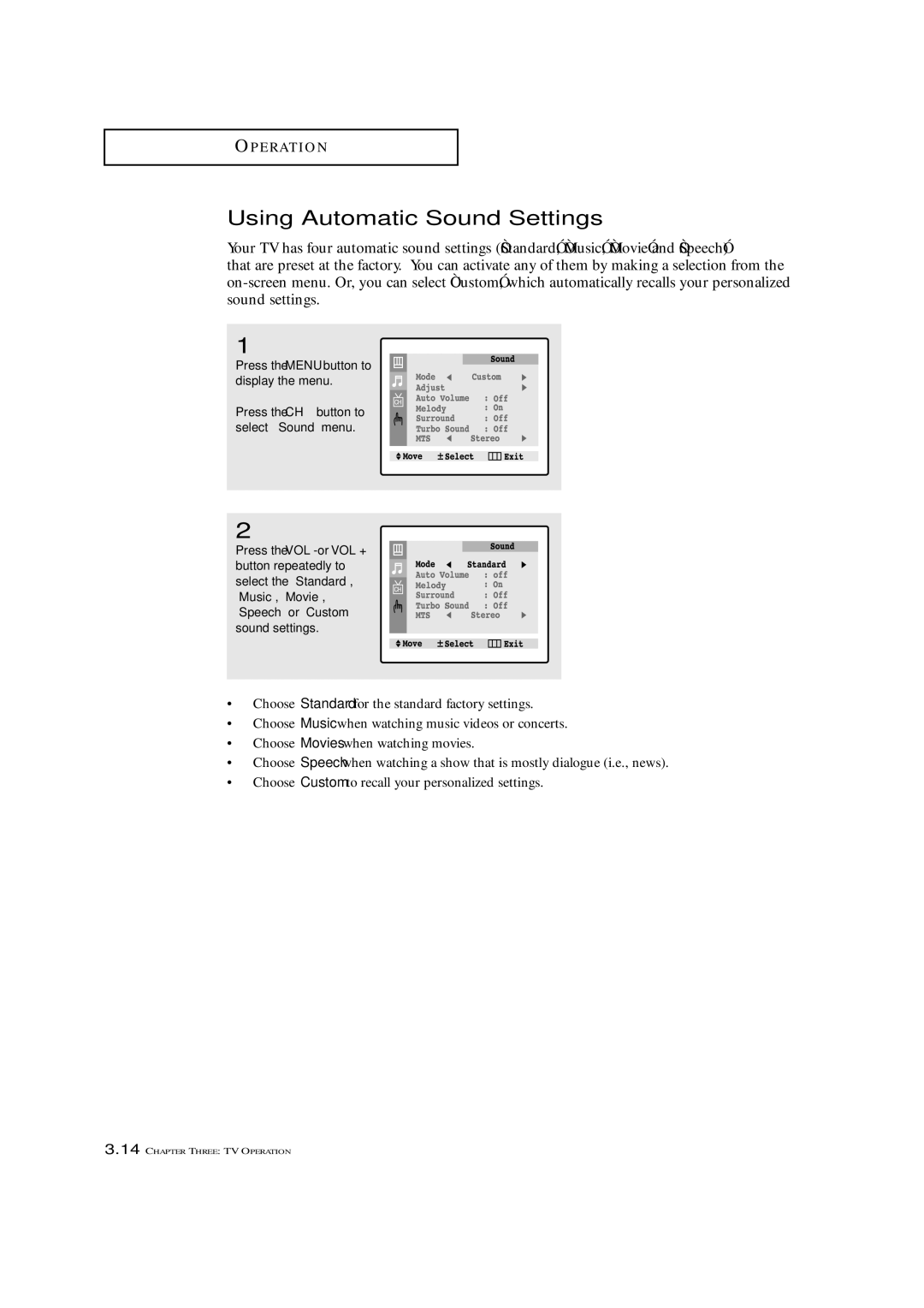 Samsung TXM 2792F, TXL 2767 manual Using Automatic Sound Settings, Press the Menu button to display the menu 