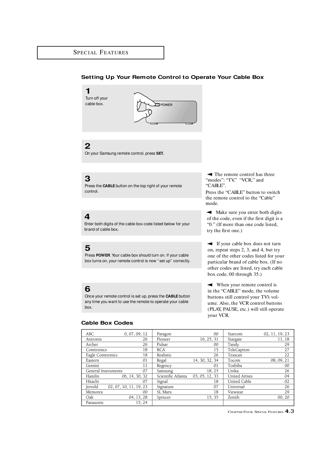 Samsung TXL 2767, TXM 2792F manual Setting Up Your Remote Control to Operate Your Cable Box, Cable Box Codes 