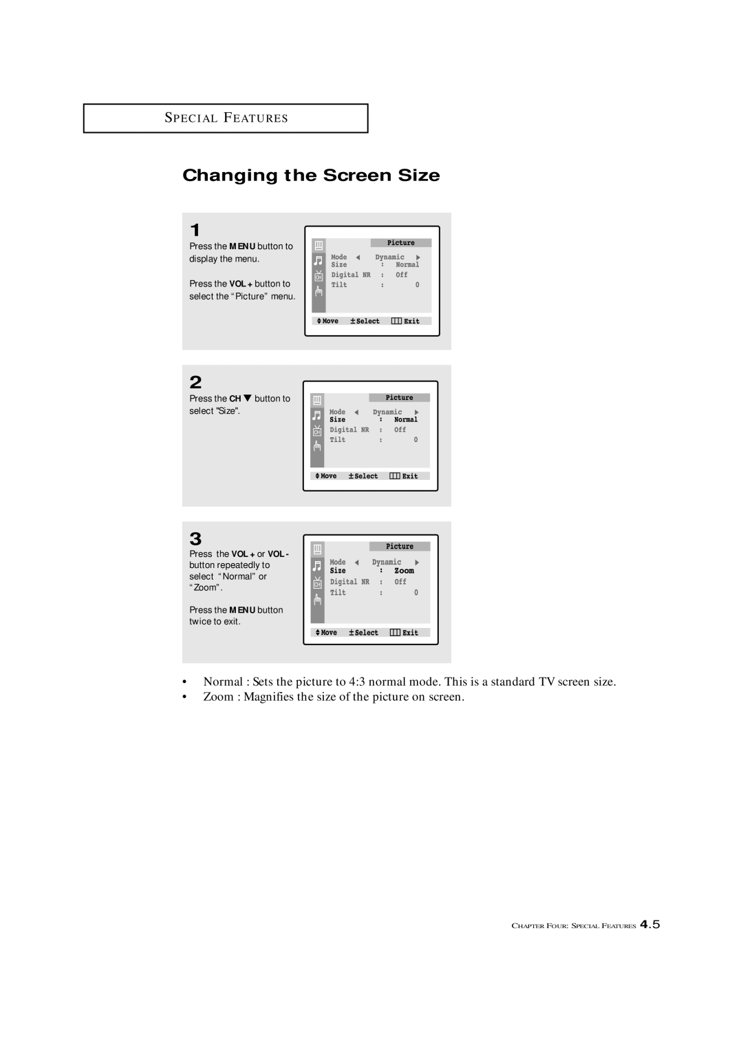 Samsung TXL 2767, TXM 2792F manual Changing the Screen Size, Press the Menu button to display the menu 