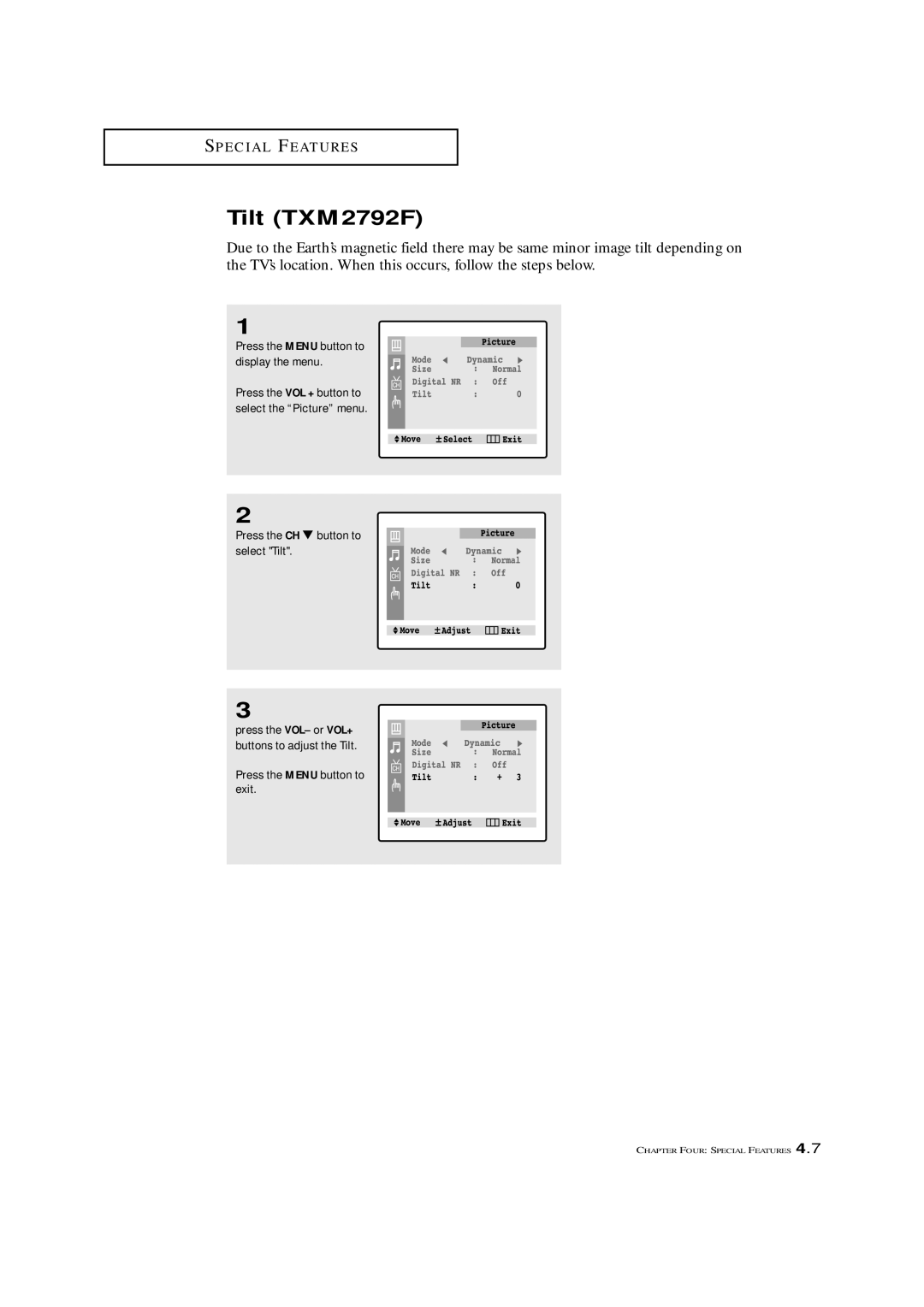 Samsung TXL 2767, TXM 2792F manual Tilt TXM2792F, Press the CH button to select Tilt 