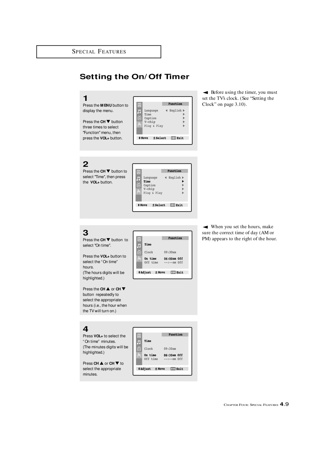 Samsung TXL 2767, TXM 2792F manual Setting the On/Off Timer, Function menu, then Press the VOL+ button 