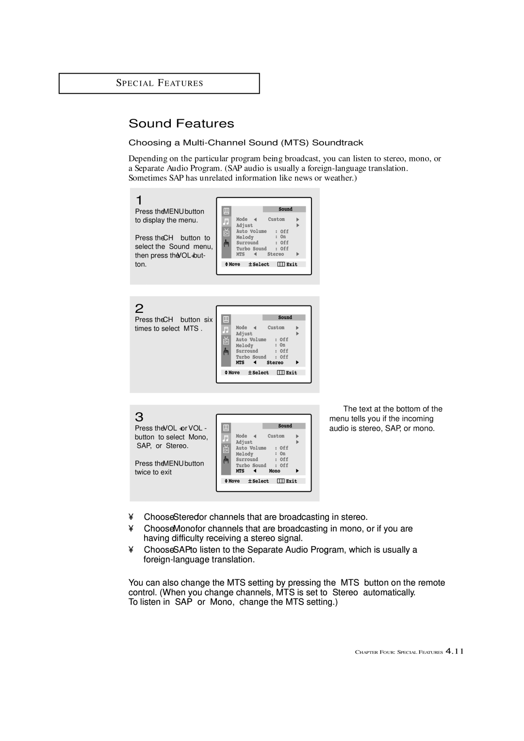 Samsung TXL 2767, TXM 2792F manual Sound Features, Choosing a Multi-Channel Sound MTS Soundtrack 