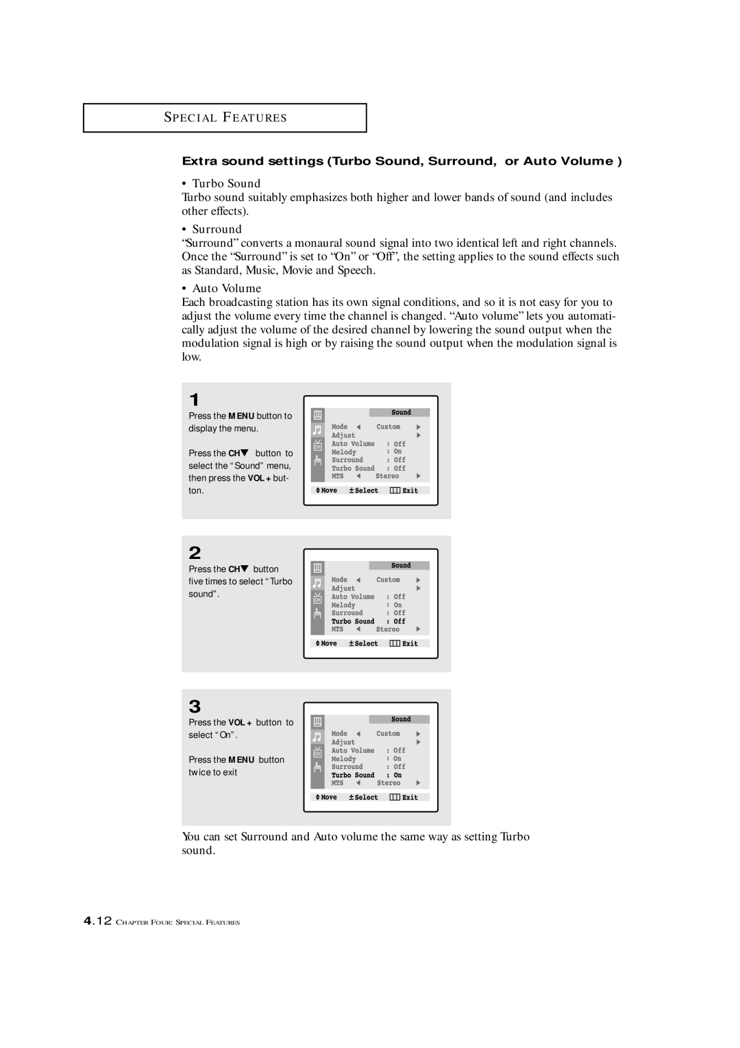 Samsung TXM 2792F, TXL 2767 manual Extra sound settings Turbo Sound, Surround, or Auto Volume 