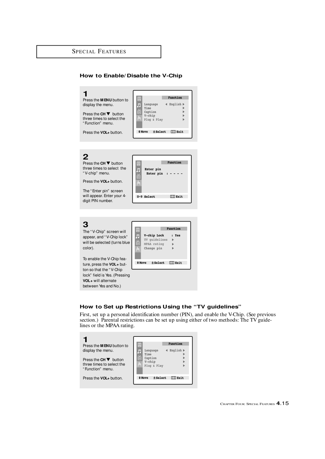 Samsung TXL 2767, TXM 2792F manual How to Enable/Disable the V-Chip, How to Set up Restrictions Using the TV guidelines 