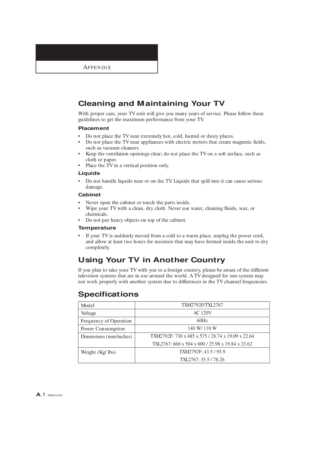 Samsung TXM 2792F, TXL 2767 manual Cleaning and Maintaining Your TV, Using Your TV in Another Country, Specifications 