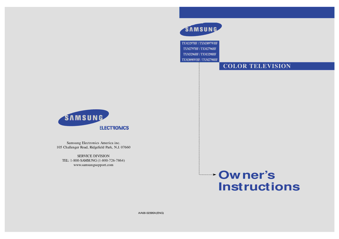 Samsung TXM 3098WHF, TXM 2796HF, TXM 2798HF, TXM 3296HF, TXM 3297HF, TXM 2797HF, TXM 3298HF manual Color Television 