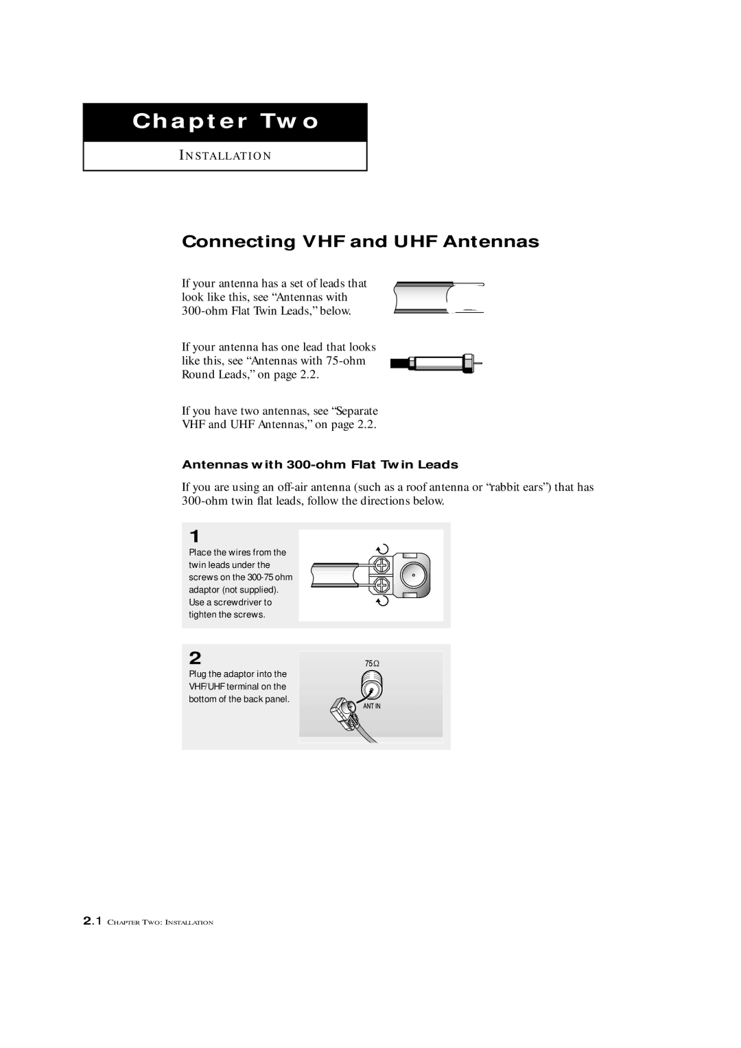 Samsung TXM 2798HF, TXM 2796HF, TXM 3098WHF manual Connecting VHF and UHF Antennas, Antennas with 300-ohm Flat Twin Leads 