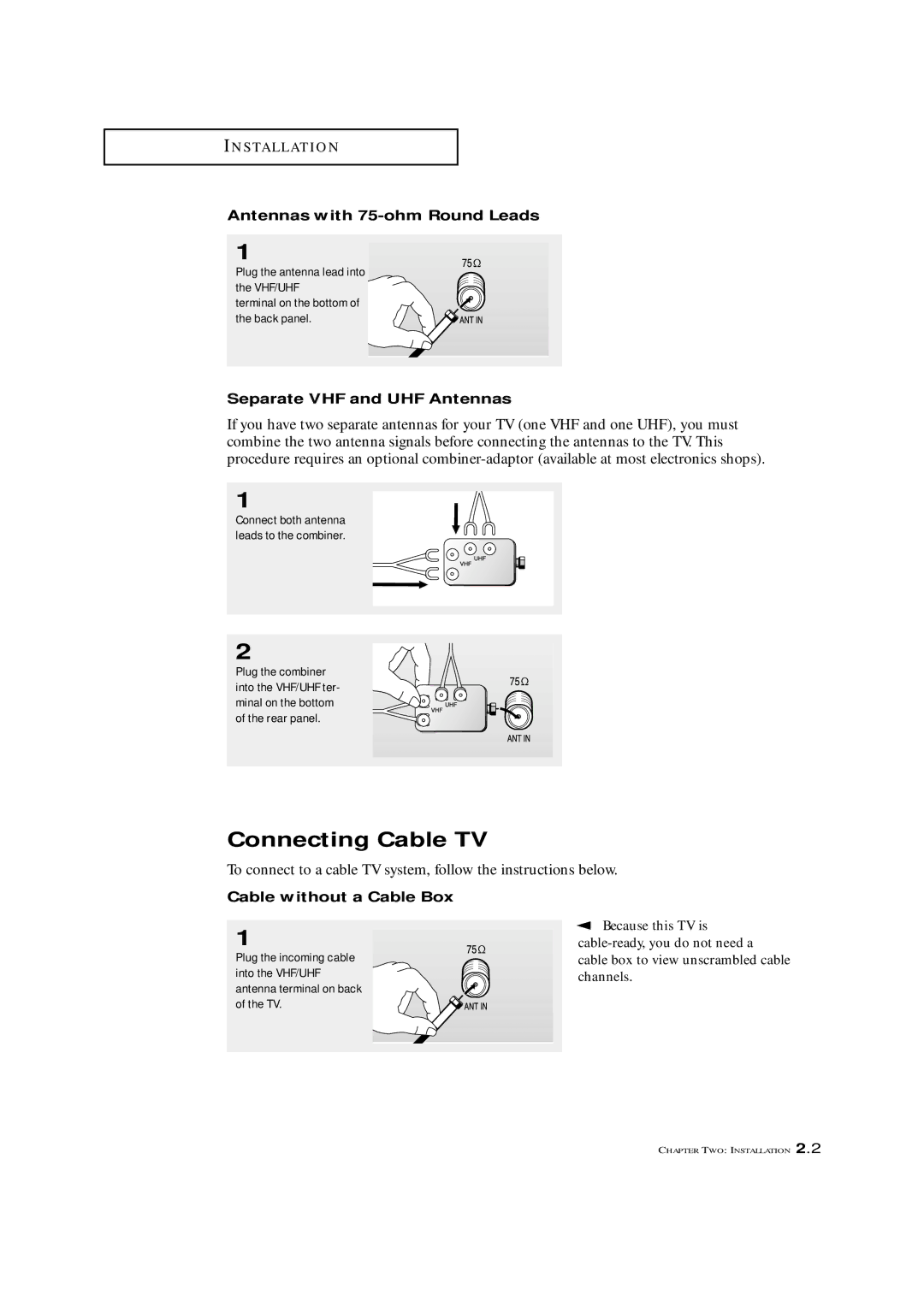 Samsung TXM 3296HF, TXM 2796HF manual Connecting Cable TV, Antennas with 75-ohm Round Leads, Separate VHF and UHF Antennas 