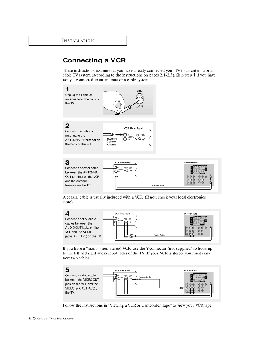 Samsung TXM 3298HF, TXM 2796HF, TXM 3098WHF manual Connecting a VCR, Unplug the cable or antenna from the back of the TV 