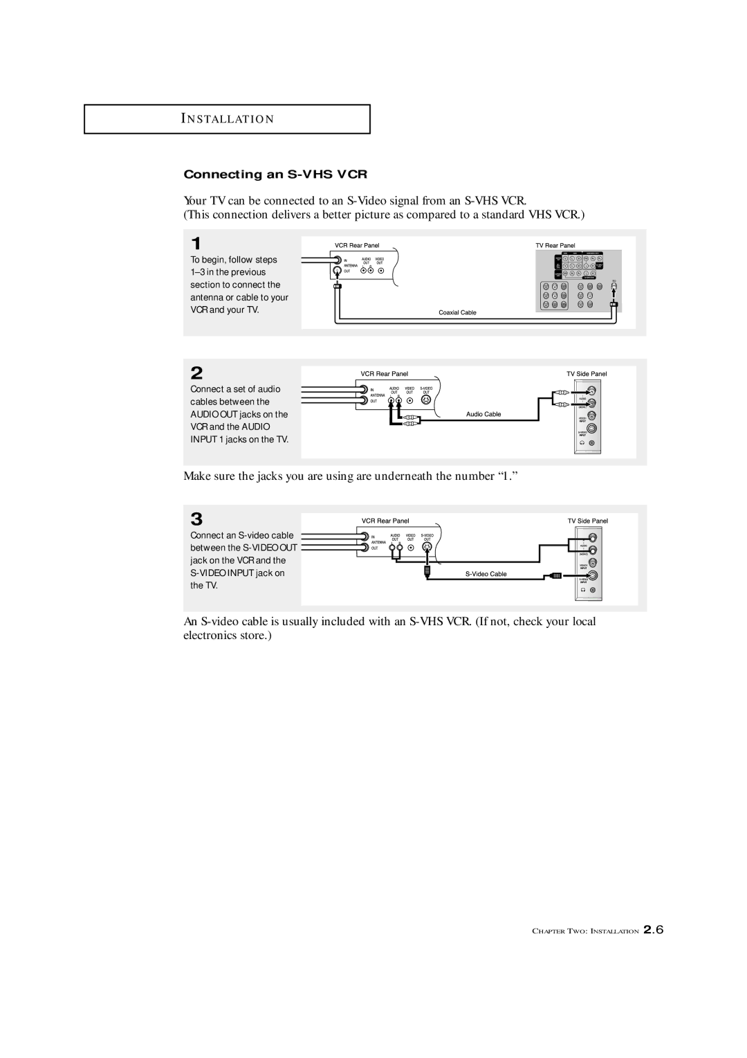 Samsung TXM 2796HF, TXM 3098WHF manual Make sure the jacks you are using are underneath the number, Connecting an S-VHS VCR 