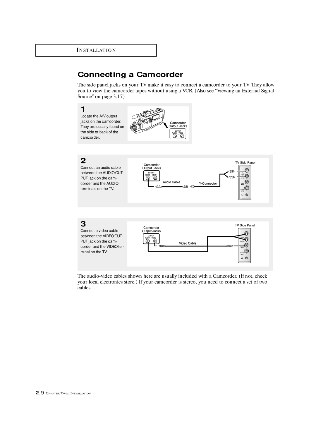 Samsung TXM 3296HF, TXM 2796HF, TXM 3098WHF, TXM 2798HF, TXM 3297HF, TXM 2797HF, TXM 3298HF manual Connecting a Camcorder 