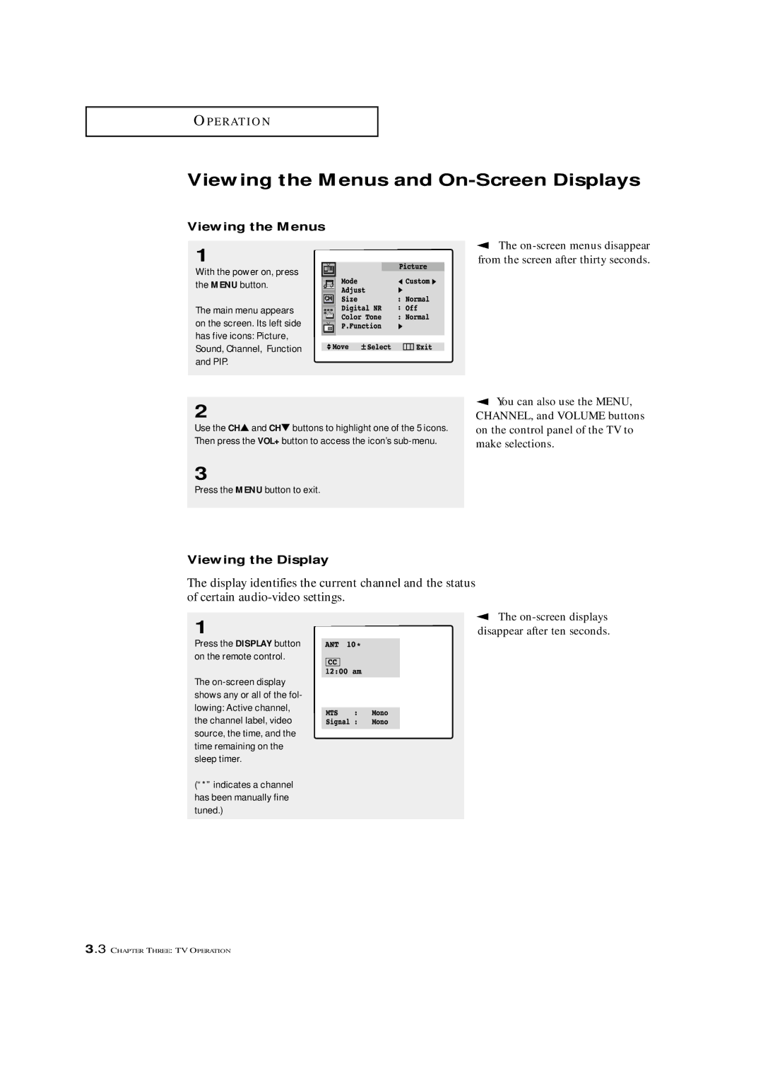 Samsung TXM 2796HF, TXM 3098WHF, TXM 2798HF, TXM 3296HF manual Viewing the Menus and On-Screen Displays, Viewing the Display 