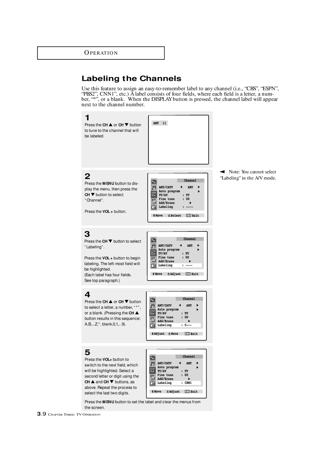 Samsung TXM 3298HF, TXM 2796HF, TXM 3098WHF, TXM 2798HF, TXM 3296HF, TXM 3297HF, TXM 2797HF manual Labeling the Channels 