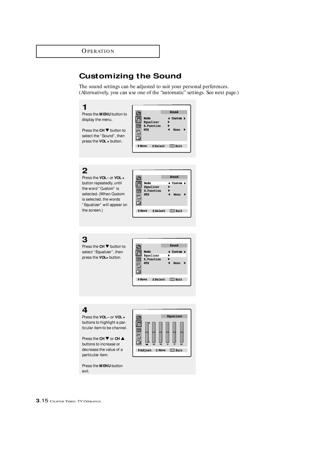 Samsung TXM 2797HF, TXM 2796HF, TXM 3098WHF, TXM 2798HF, TXM 3296HF, TXM 3297HF, TXM 3298HF manual Customizing the Sound 