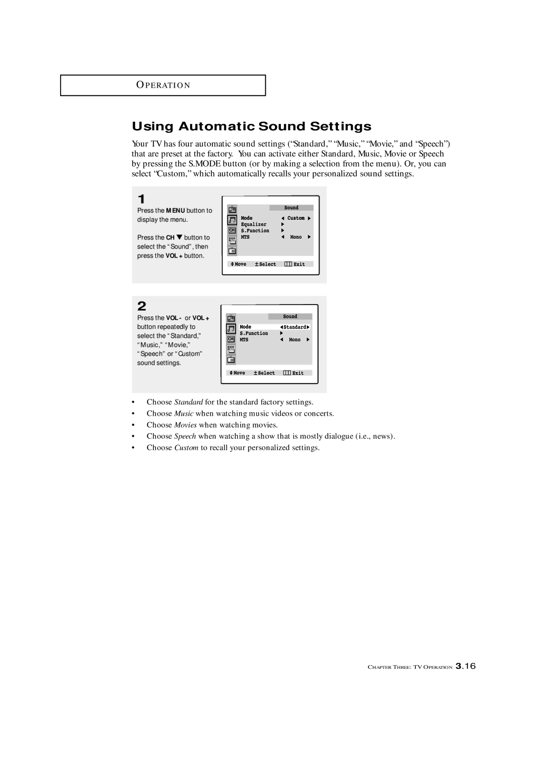 Samsung TXM 3298HF, TXM 2796HF, TXM 3098WHF, TXM 2798HF, TXM 3296HF, TXM 3297HF, TXM 2797HF manual Using Automatic Sound Settings 