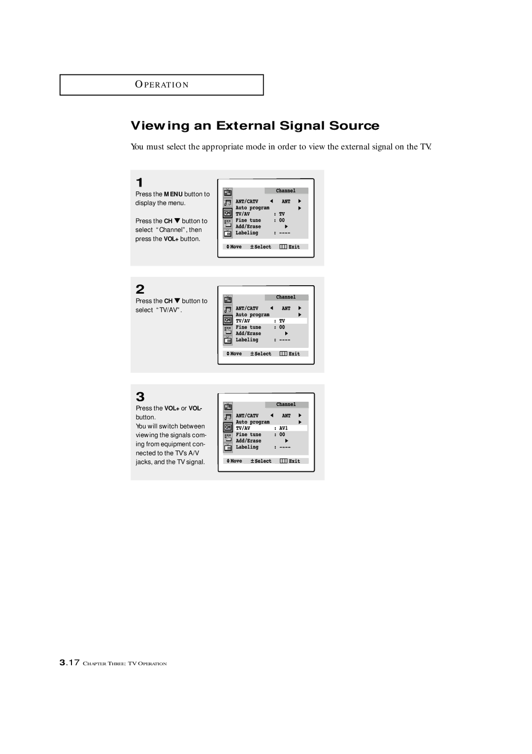 Samsung TXM 2796HF, TXM 3098WHF, TXM 2798HF, TXM 3296HF, TXM 3297HF, TXM 2797HF, TXM 3298HF Viewing an External Signal Source 