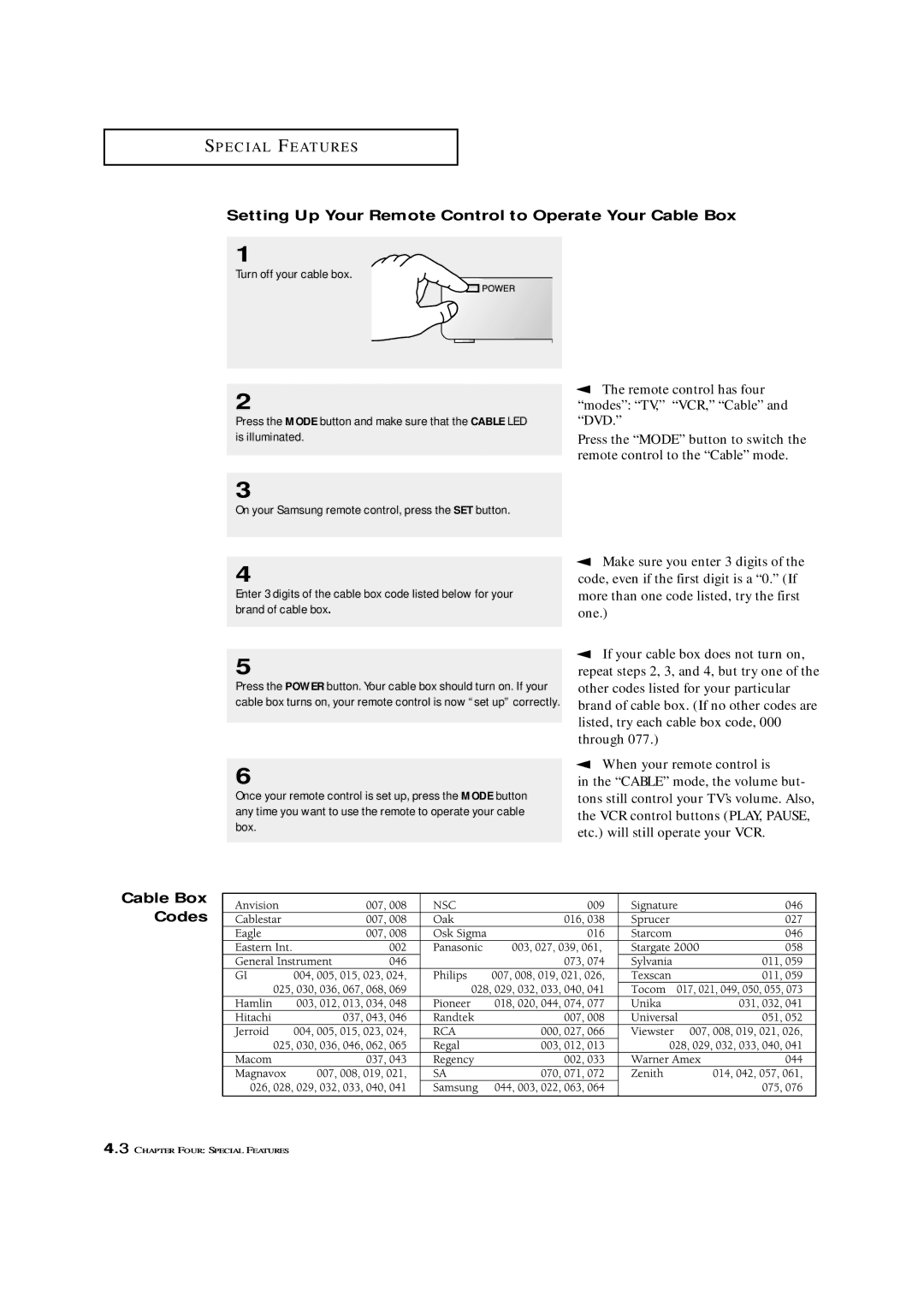 Samsung TXM 3296HF, TXM 2796HF, TXM 3098WHF, TXM 2798HF manual Setting Up Your Remote Control to Operate Your Cable Box, Codes 