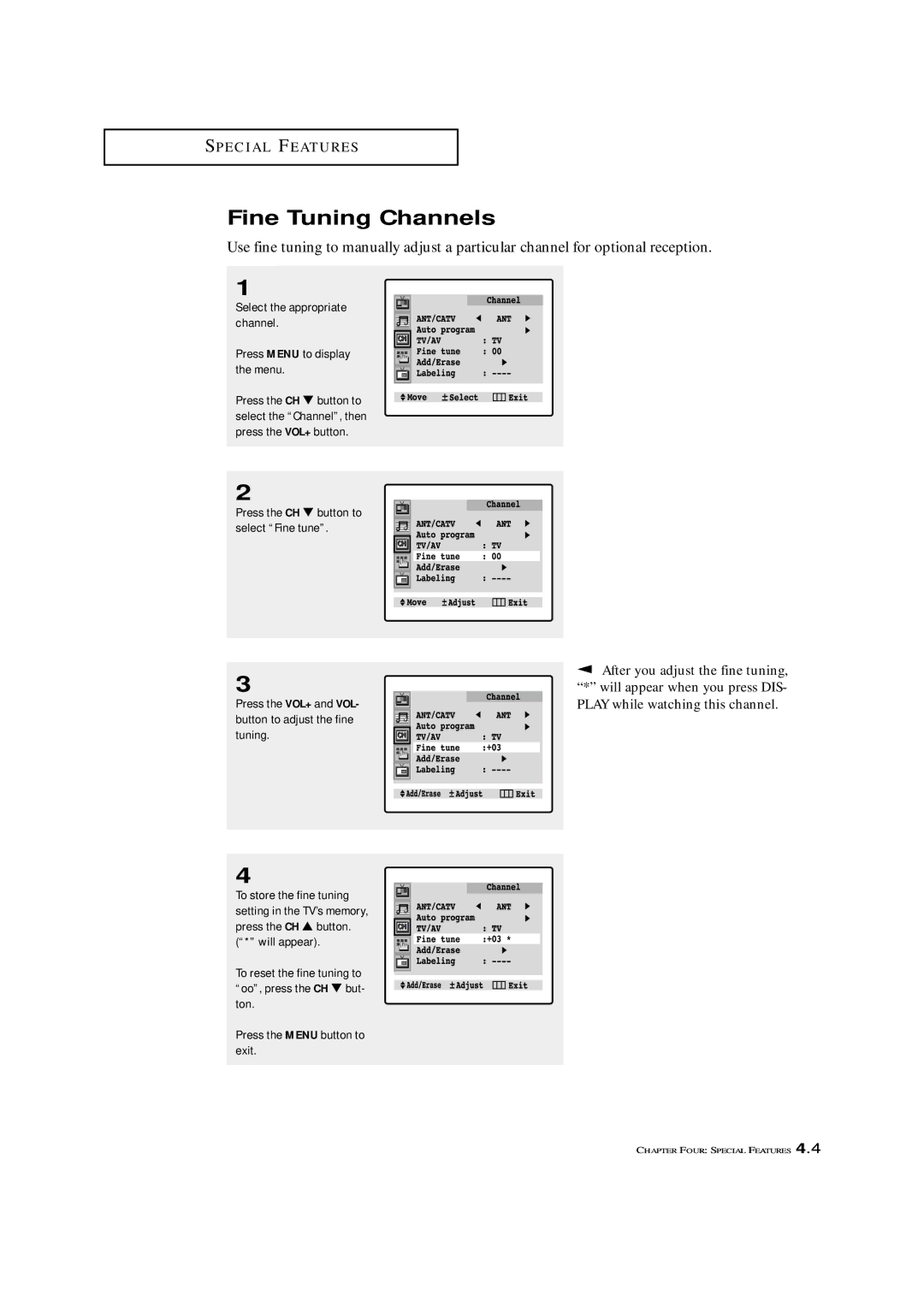 Samsung TXM 3297HF, TXM 2796HF, TXM 3098WHF, TXM 2798HF, TXM 3296HF, TXM 2797HF, TXM 3298HF manual Fine Tuning Channels 