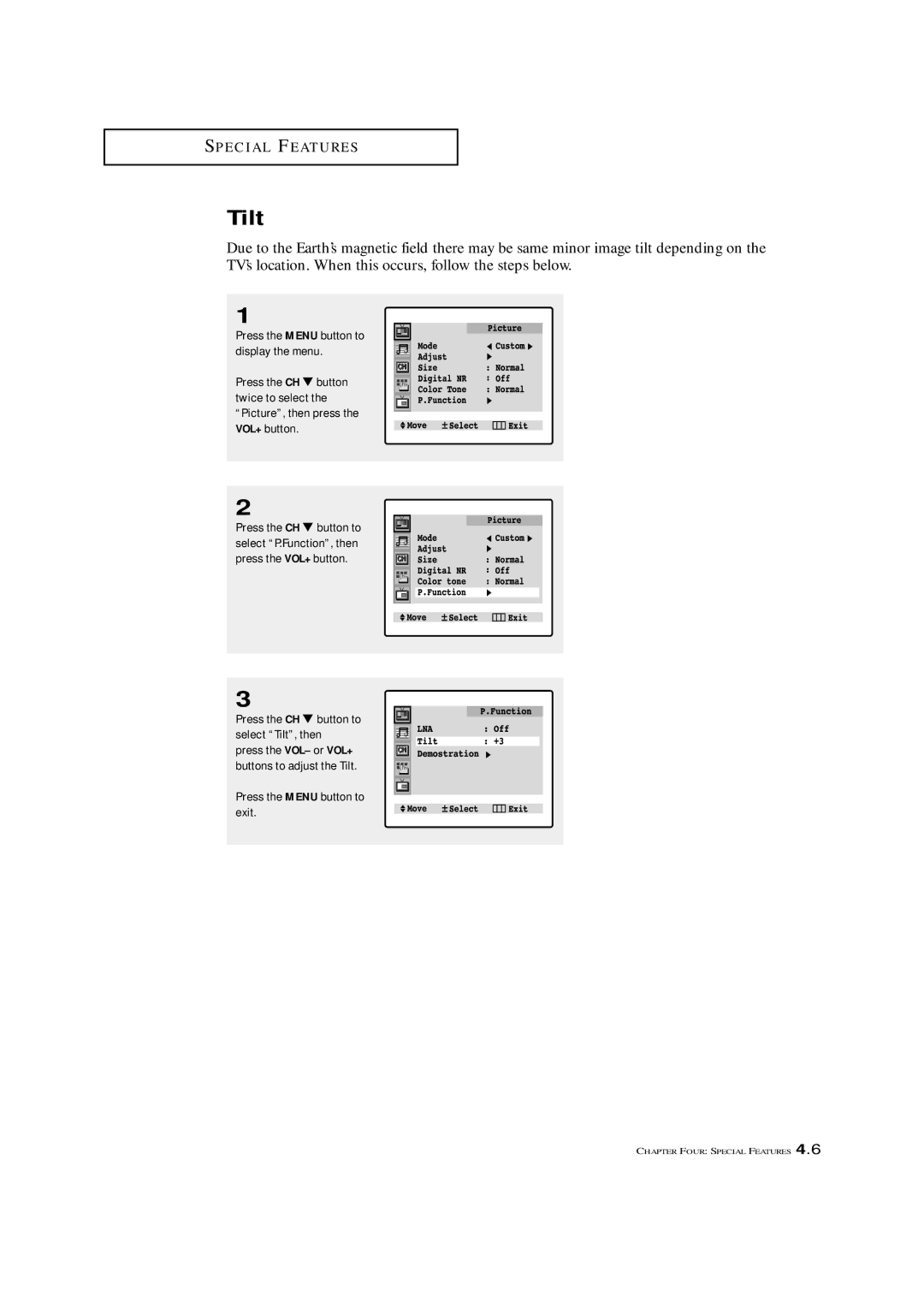 Samsung TXM 3298HF, TXM 2796HF, TXM 3098WHF, TXM 2798HF, TXM 3296HF, TXM 3297HF, TXM 2797HF manual Tilt 