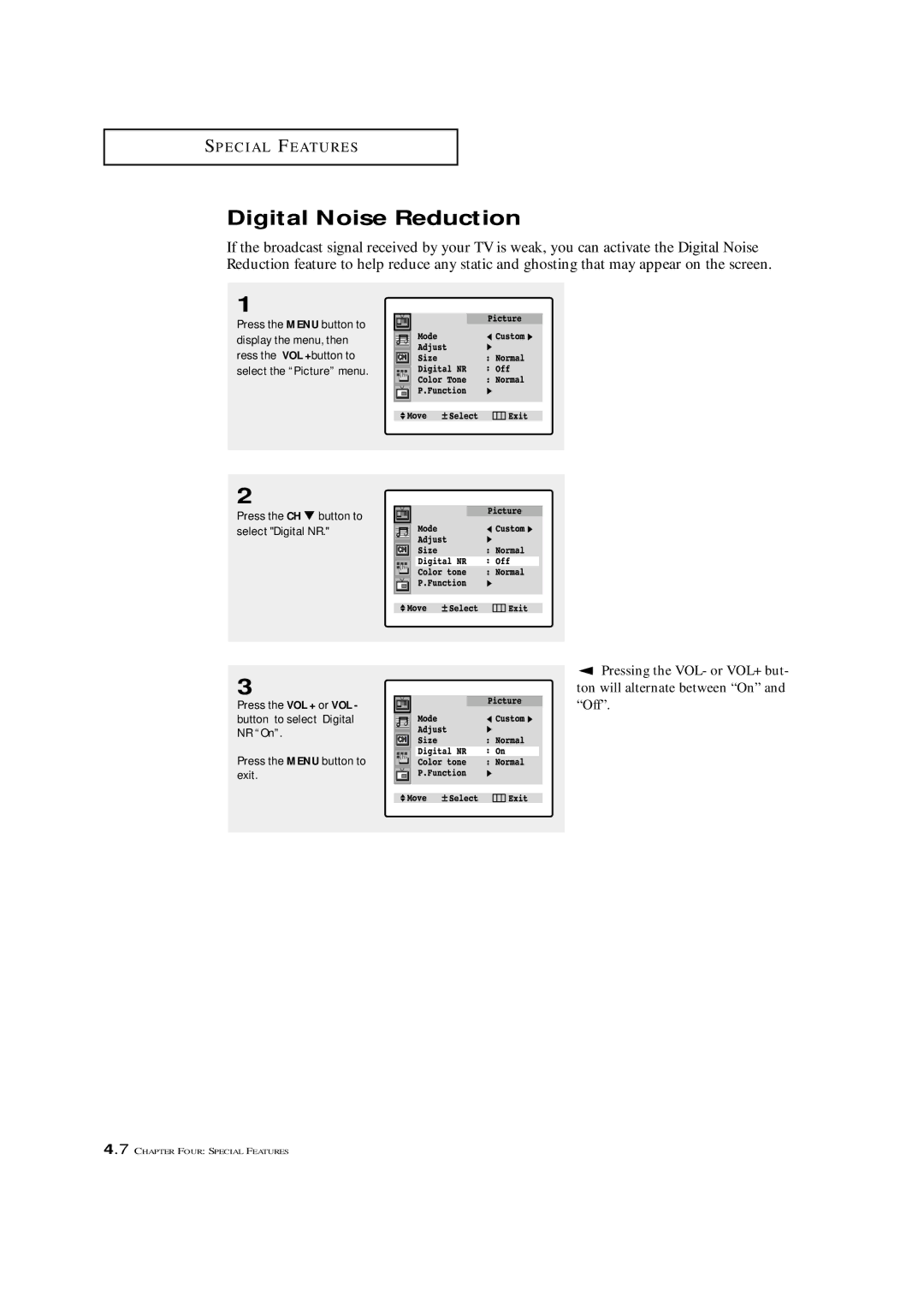 Samsung TXM 2796HF, TXM 3098WHF, TXM 2798HF, TXM 3296HF, TXM 3297HF, TXM 2797HF, TXM 3298HF manual Digital Noise Reduction 