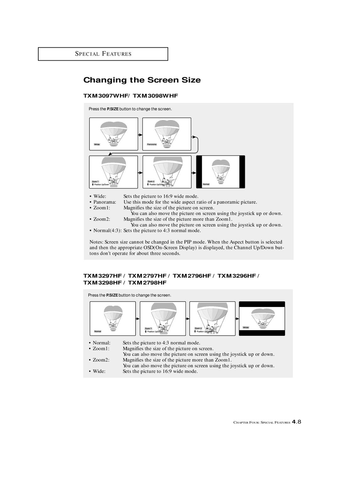 Samsung TXM 3098WHF, TXM 2796HF, TXM 2798HF, TXM 3296HF, TXM 3297HF manual Changing the Screen Size, TXM3097WHF/ TXM3098WHF 