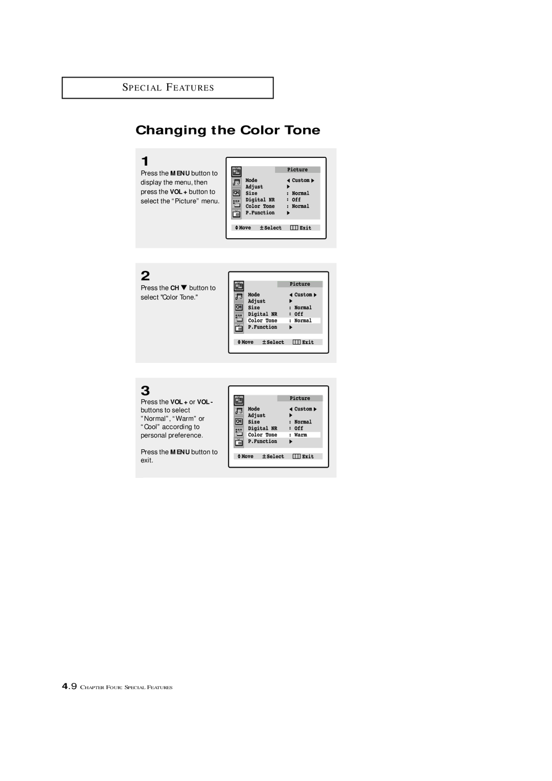 Samsung TXM 2798HF, TXM 2796HF, TXM 3098WHF, TXM 3296HF Changing the Color Tone, Press the CH button to select Color Tone 