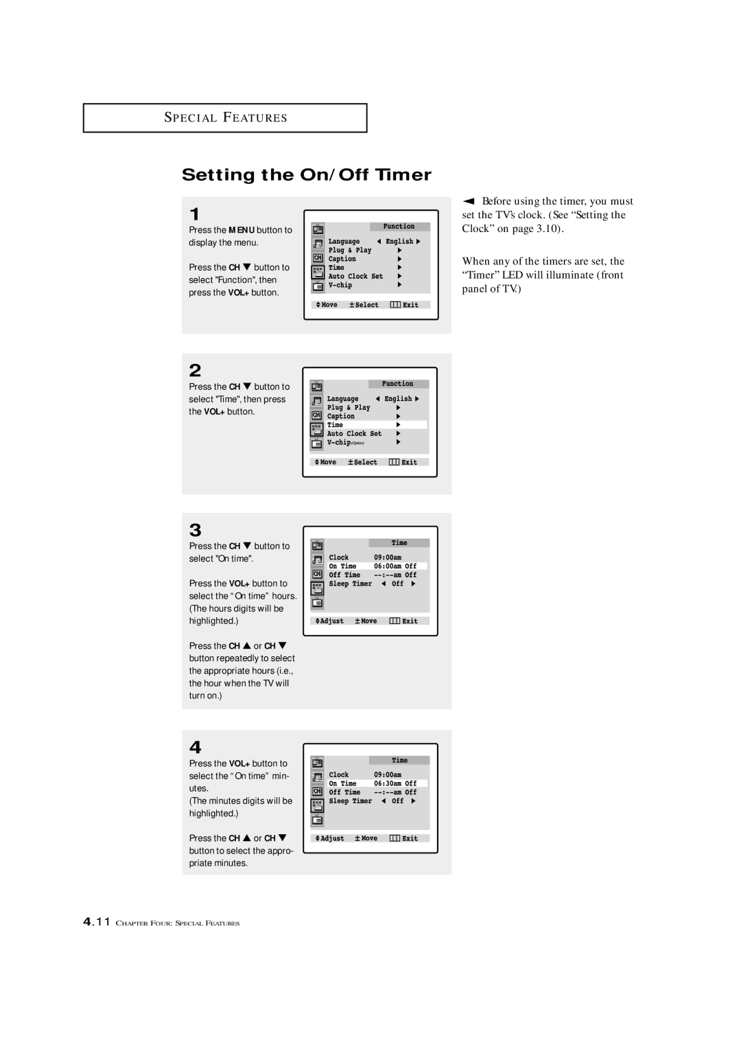 Samsung TXM 3297HF, TXM 2796HF, TXM 3098WHF, TXM 2798HF, TXM 3296HF, TXM 2797HF, TXM 3298HF manual Setting the On/Off Timer 