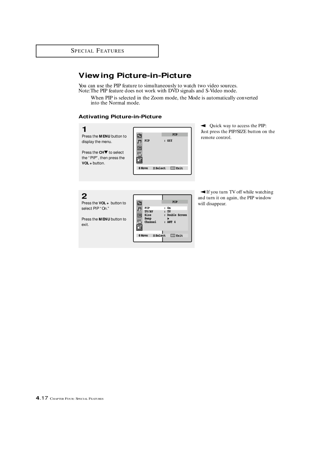 Samsung TXM 3296HF, TXM 2796HF, TXM 3098WHF, TXM 2798HF, TXM 3297HF Viewing Picture-in-Picture, Activating Picture-in-Picture 