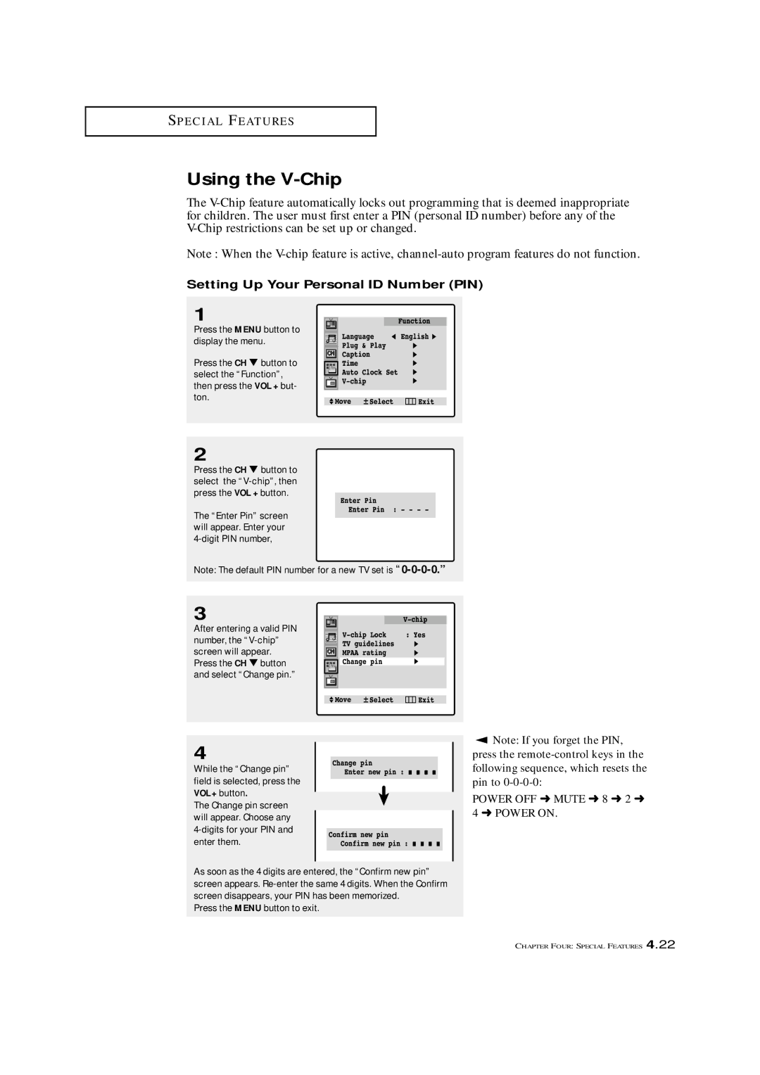 Samsung TXM 3098WHF, TXM 2796HF, TXM 2798HF, TXM 3296HF, TXM 3297HF Using the V-Chip, Setting Up Your Personal ID Number PIN 