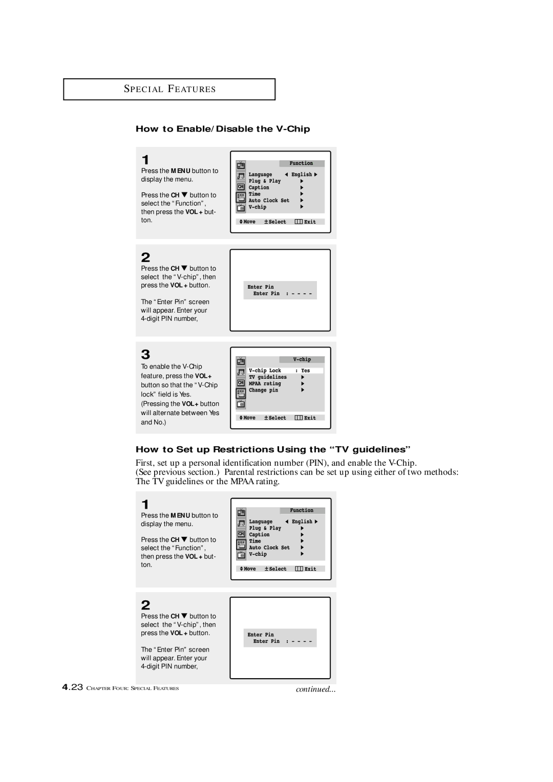 Samsung TXM 2798HF, TXM 2796HF manual How to Enable/Disable the V-Chip, How to Set up Restrictions Using the TV guidelines 