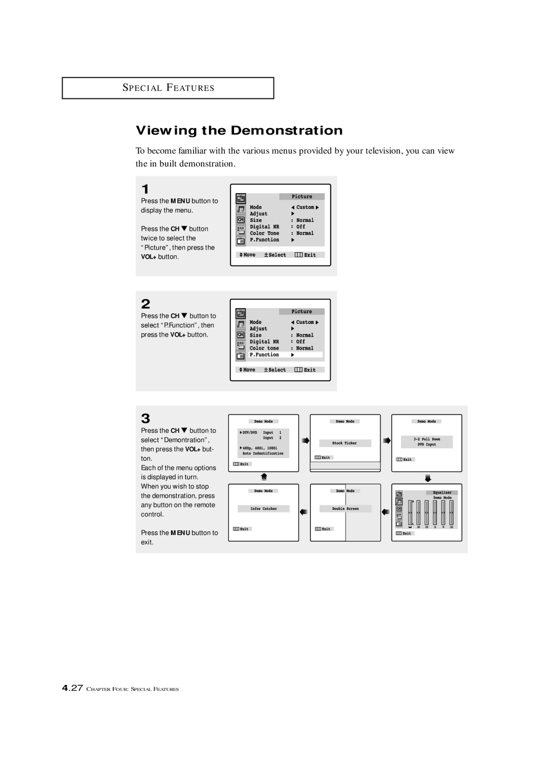 Samsung TXM 3298HF, TXM 2796HF, TXM 3098WHF, TXM 2798HF, TXM 3296HF, TXM 3297HF, TXM 2797HF manual Viewing the Demonstration 