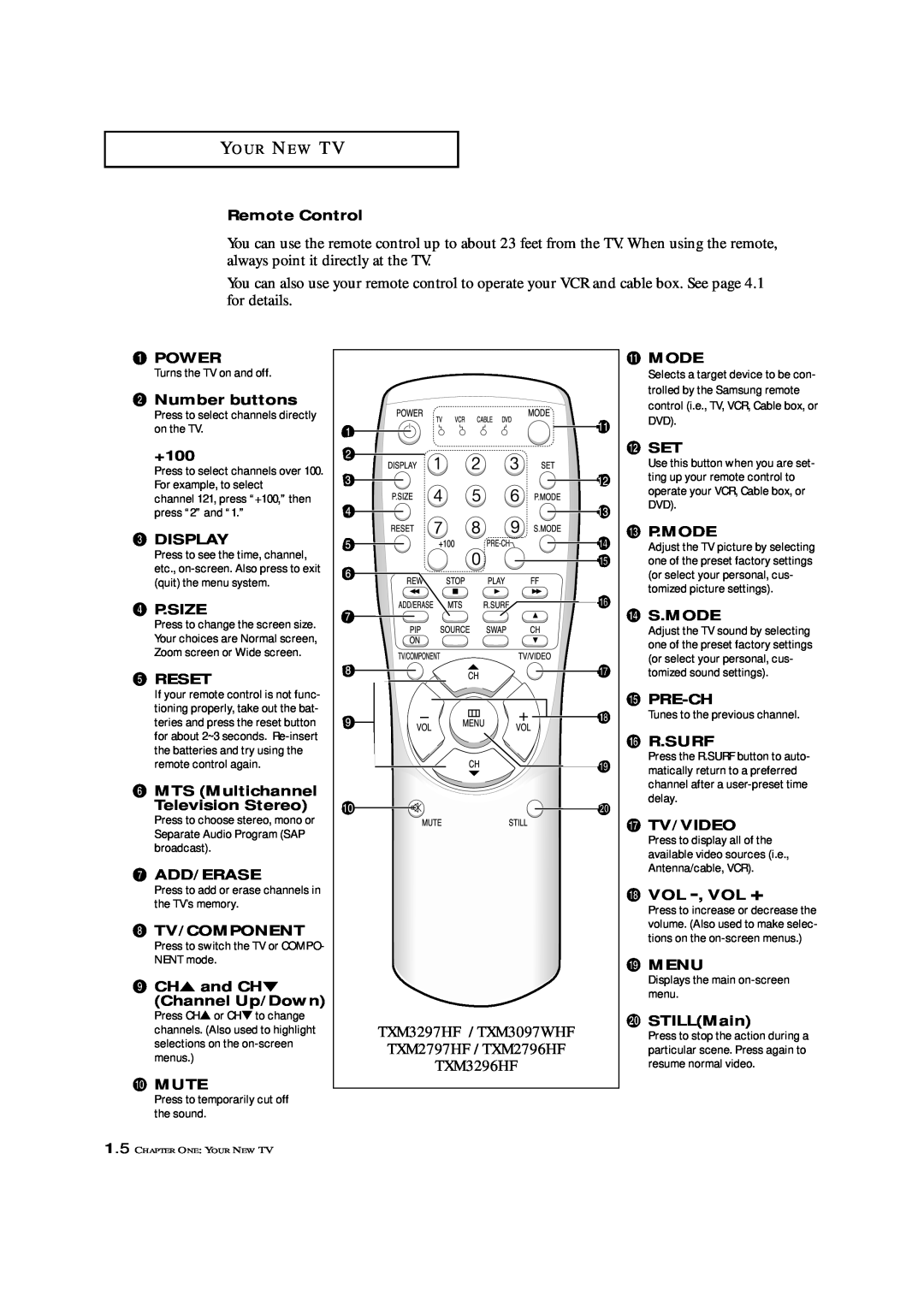 Samsung TXM 2797HF Remote Control, Œ Power, ´ Number buttons, +100, ˇ Display, ¨ P.Size, ˆ Reset, ∏ Add/Erase, ˝ Mute 