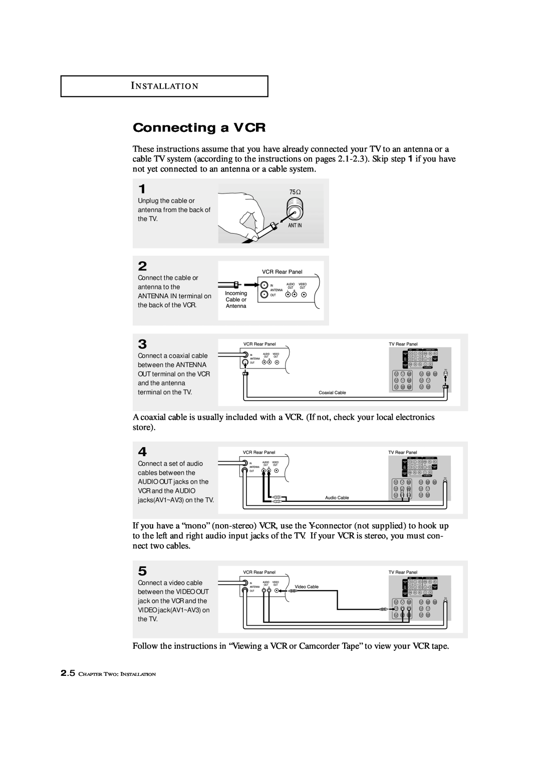 Samsung TXM 3298HF, TXM 2796HF, TXM 3098WHF manual Connecting a VCR, Unplug the cable or antenna from the back of the TV 