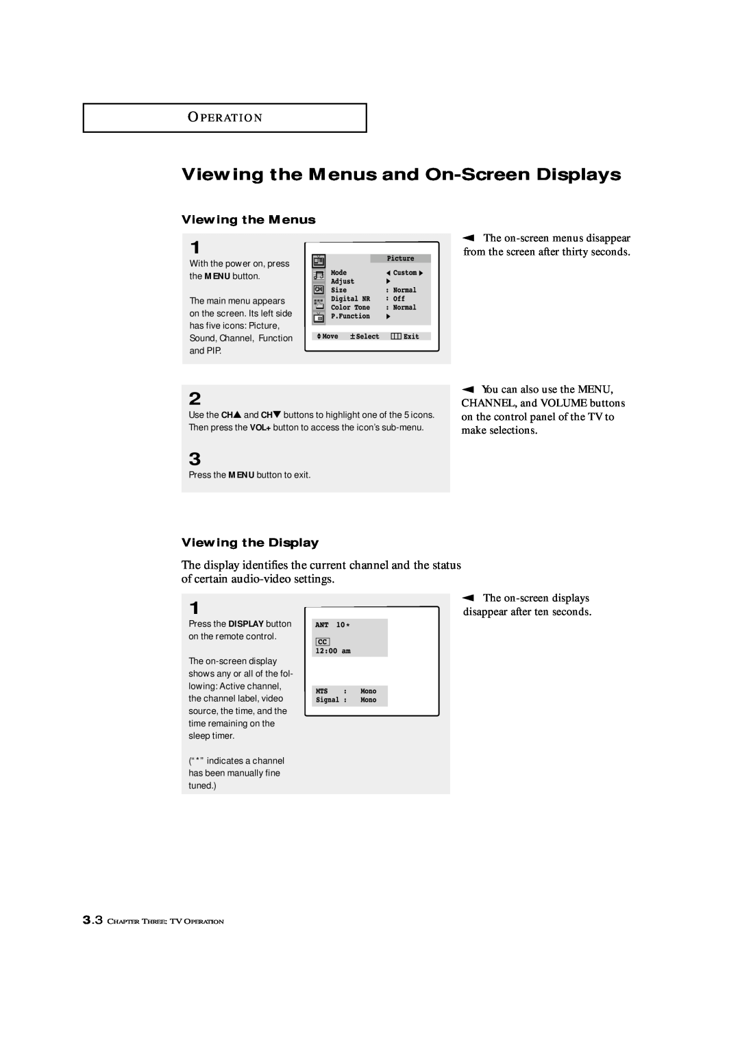 Samsung TXM 2796HF, TXM 3098WHF Viewing the Menus and On-Screen Displays, O P E R At I O N, The on-screen menus disappear 