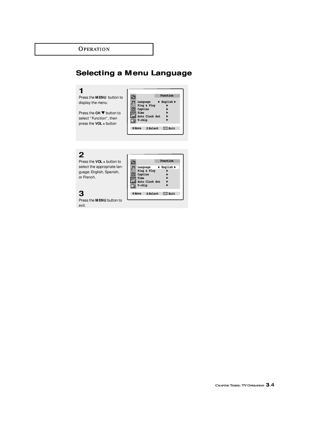 Samsung TXM 3098WHF, TXM 2796HF Selecting a Menu Language, O P E R At I O N, Press the MENU button to display the menu 