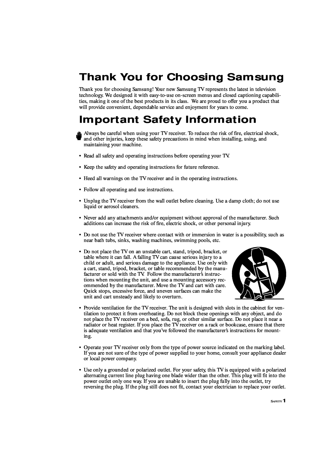 Samsung TXM 3296HF, TXM 2796HF, TXM 3098WHF, TXM 2798HF manual Thank You for Choosing Samsung, Important Safety Information 