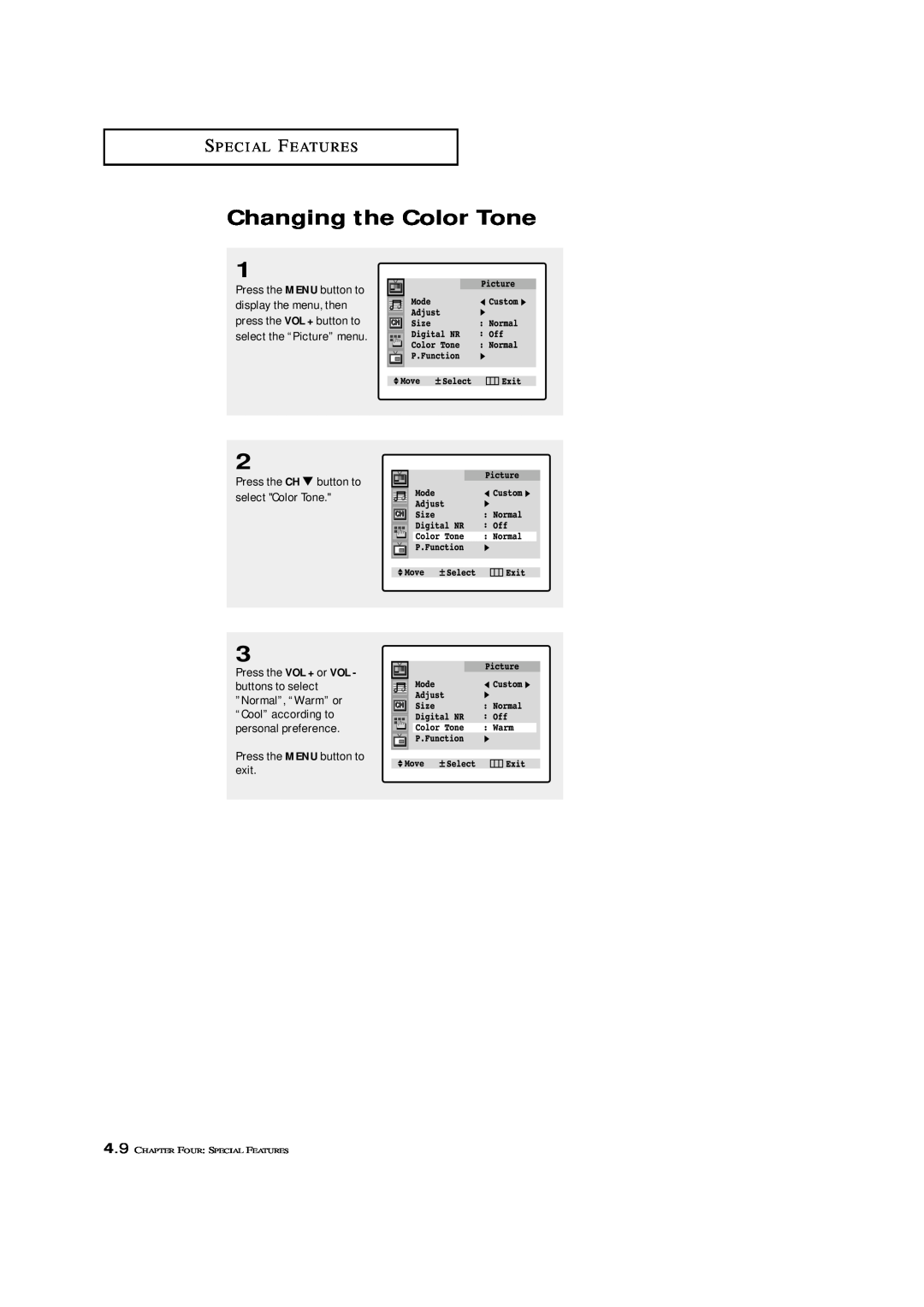 Samsung TXM 2798HF manual Changing the Color Tone, S P E C I A L F E At U R E S, Press the CH button to select Color Tone 