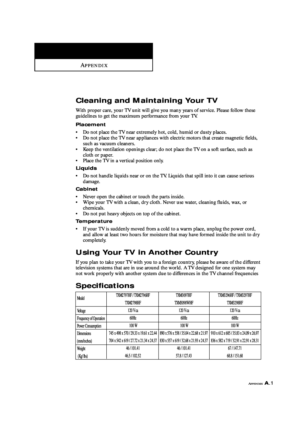 Samsung TXM 3098WHF, TXM 2796HF manual Cleaning and Maintaining Your TV, Using Your TV in Another Country, Specifications 