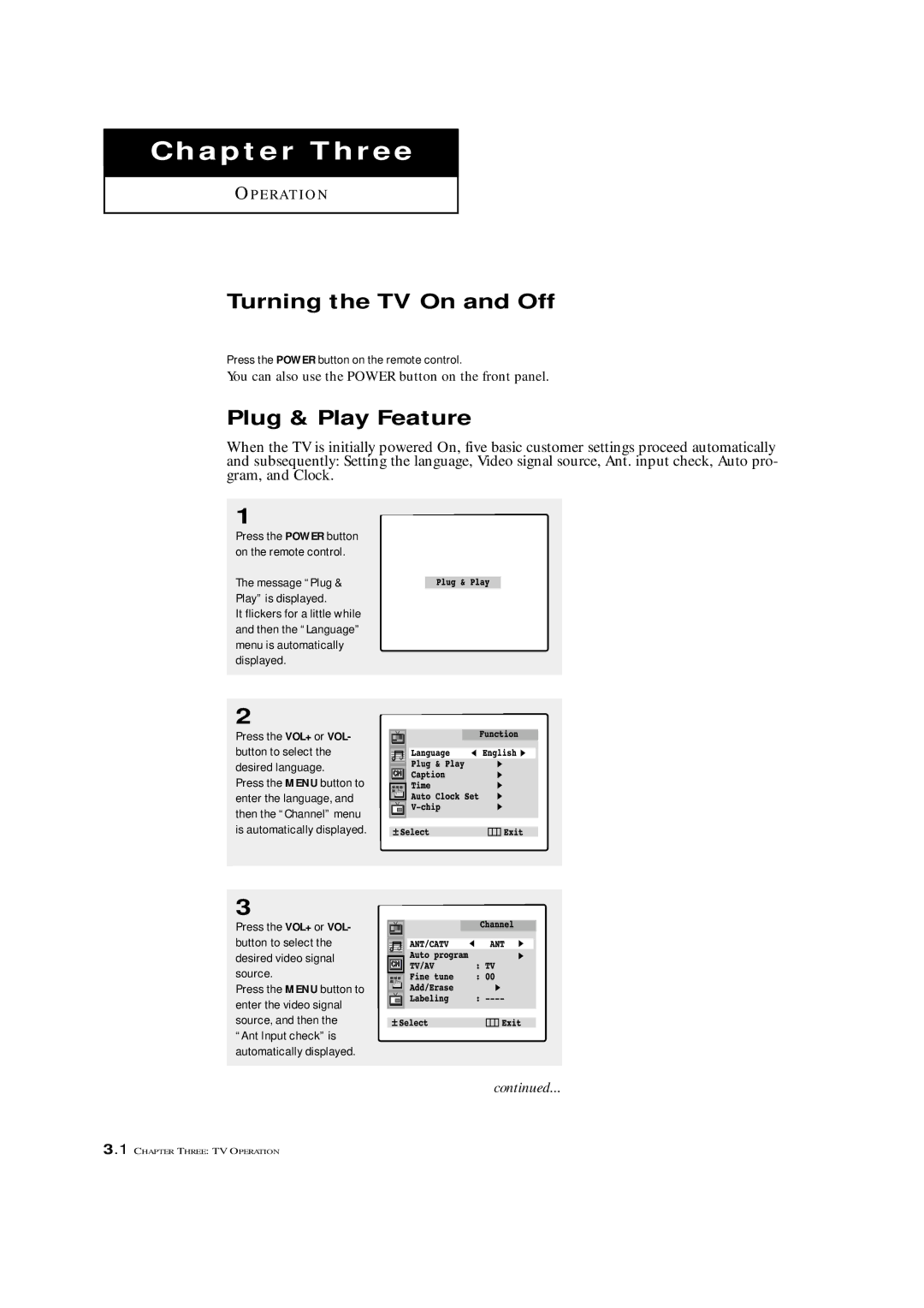 Samsung TXM 3097WHF manual Turning the TV On and Off, Plug & Play Feature 