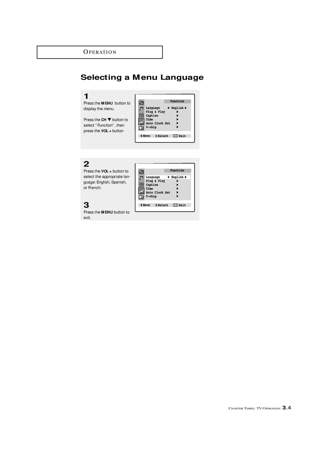 Samsung TXM 3097WHF manual Selecting a Menu Language 