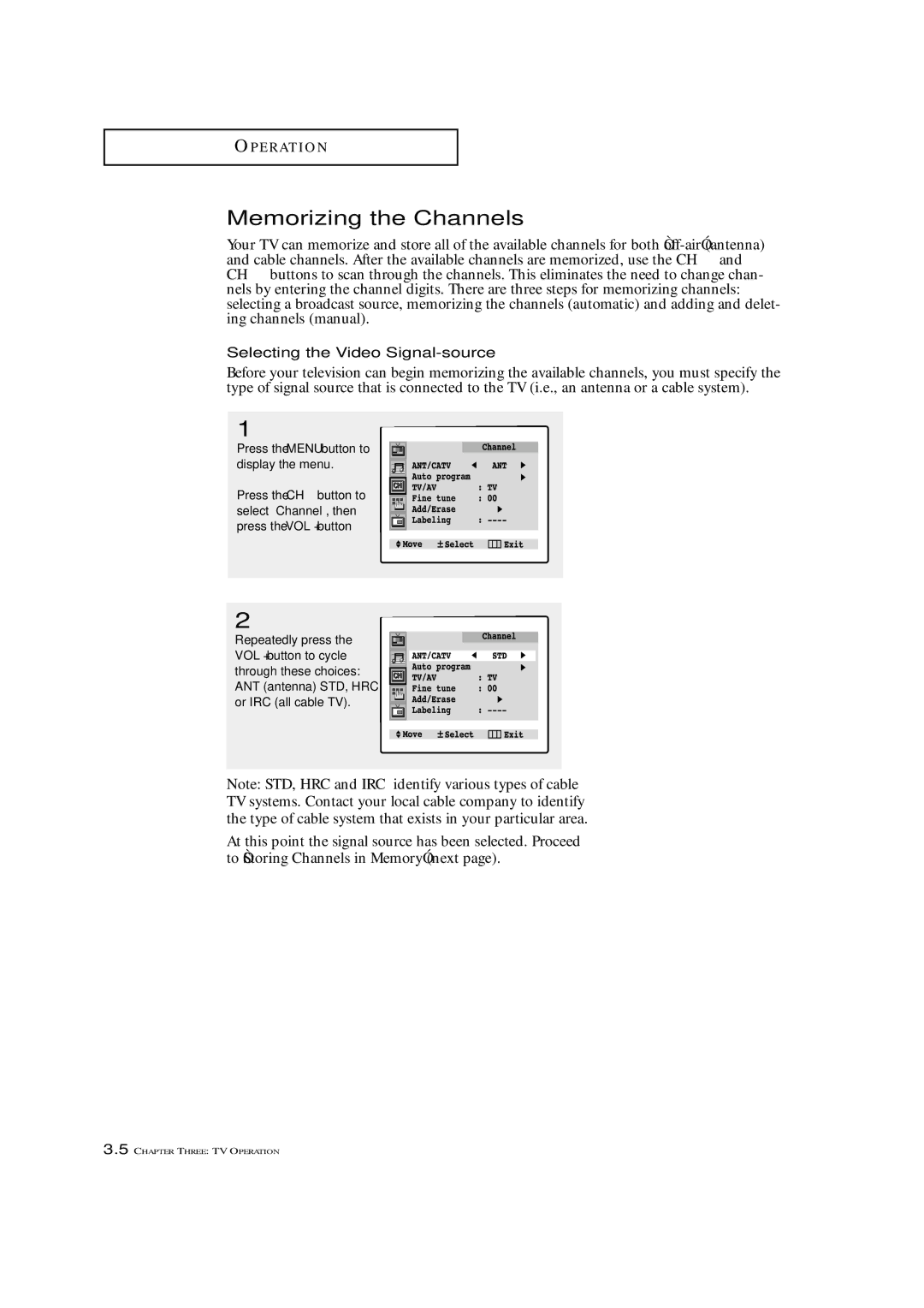 Samsung TXM 3097WHF manual Memorizing the Channels, Selecting the Video Signal-source 