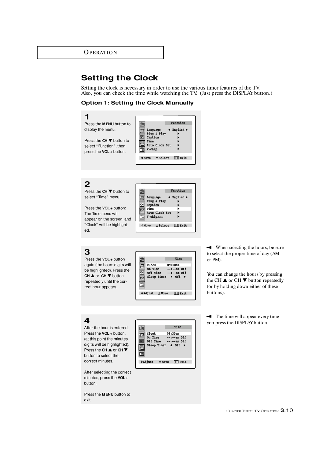 Samsung TXM 3097WHF manual Option 1 Setting the Clock Manually 