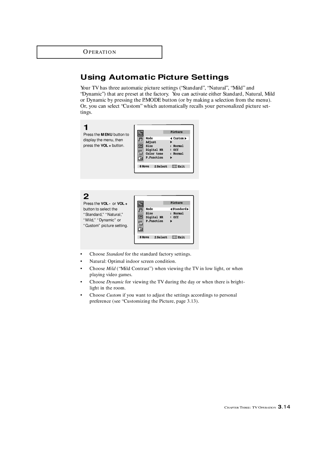 Samsung TXM 3097WHF manual Using Automatic Picture Settings 