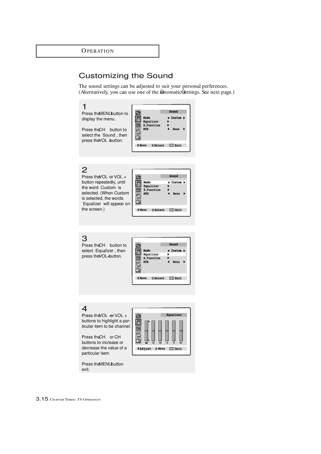 Samsung TXM 3097WHF manual Customizing the Sound 