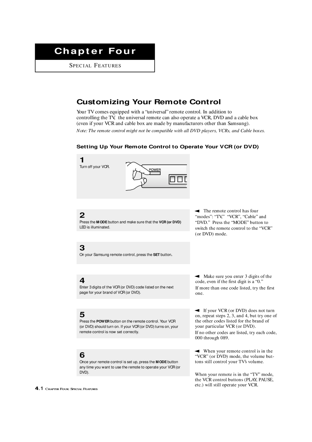 Samsung TXM 3097WHF manual Customizing Your Remote Control, Setting Up Your Remote Control to Operate Your VCR or DVD 