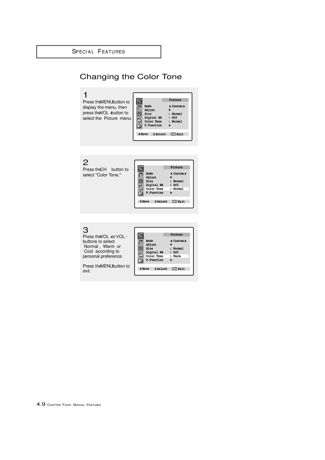 Samsung TXM 3097WHF manual Changing the Color Tone, Press the CH button to select Color Tone 