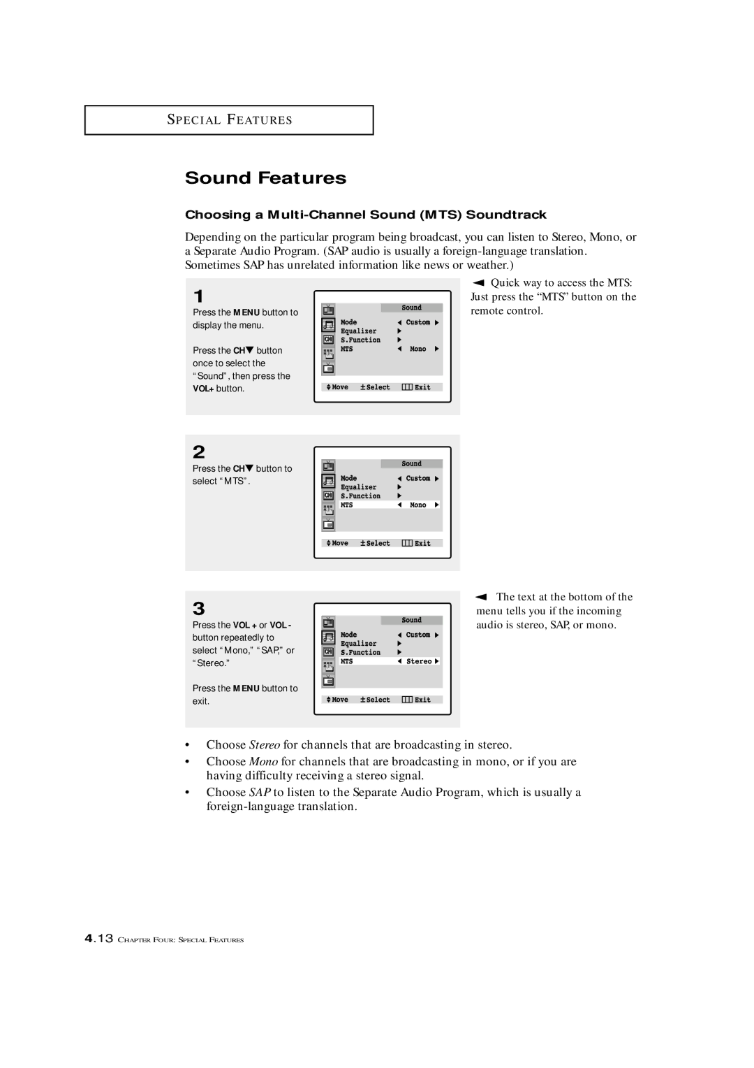 Samsung TXM 3097WHF manual Sound Features, Choosing a Multi-Channel Sound MTS Soundtrack 