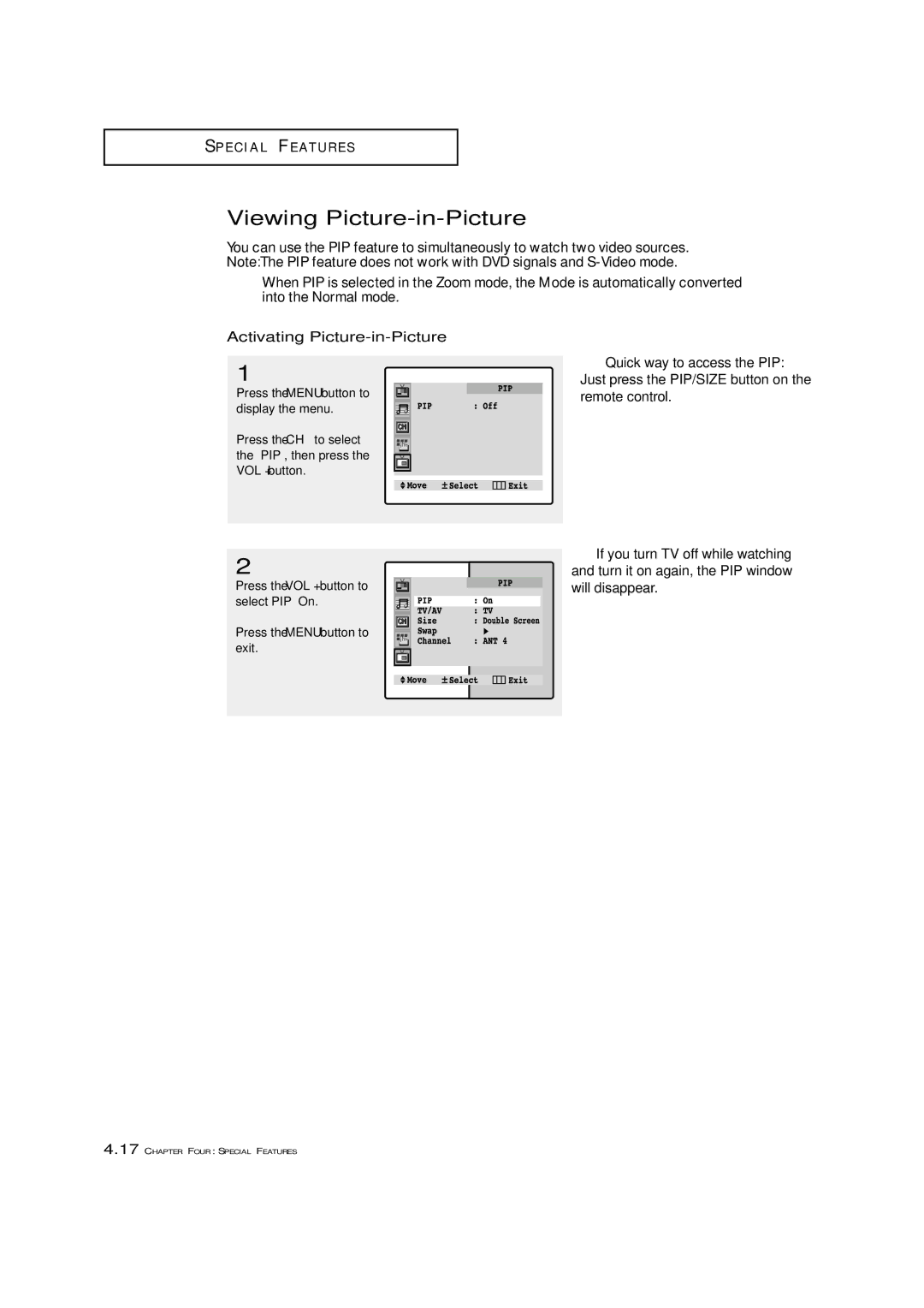 Samsung TXM 3097WHF manual Viewing Picture-in-Picture, Activating Picture-in-Picture 