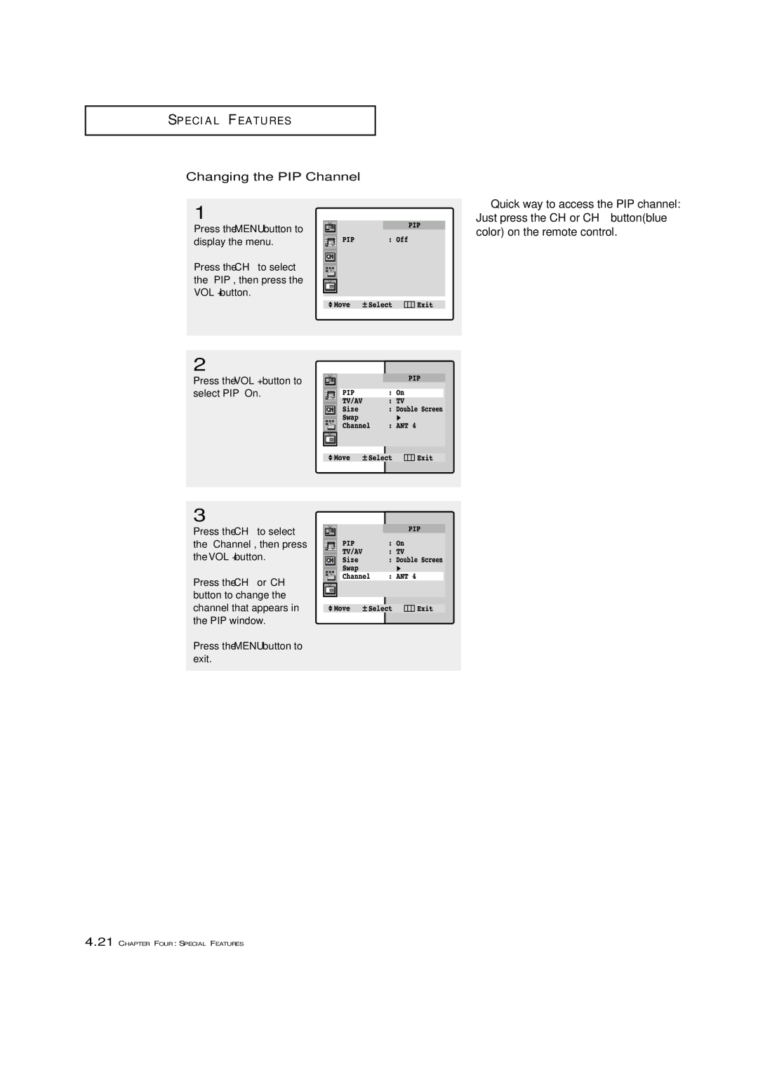 Samsung TXM 3097WHF manual Changing the PIP Channel 